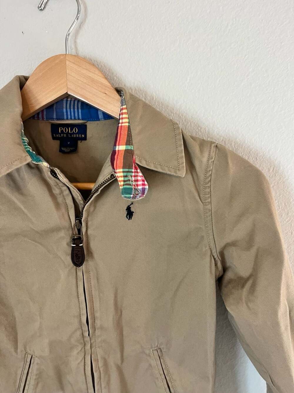 Polo Ralph Lauren, Boys Khaki Plaid Collar Jacket, Elevated Outerwear,Full Zip,7